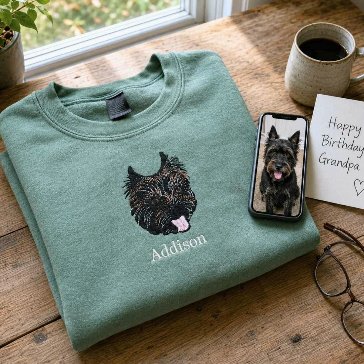 Custom Dog Portrait T-shirt for Birthday Grandpa - Embroidered Pet Photo Tee & Name - Gift for Him