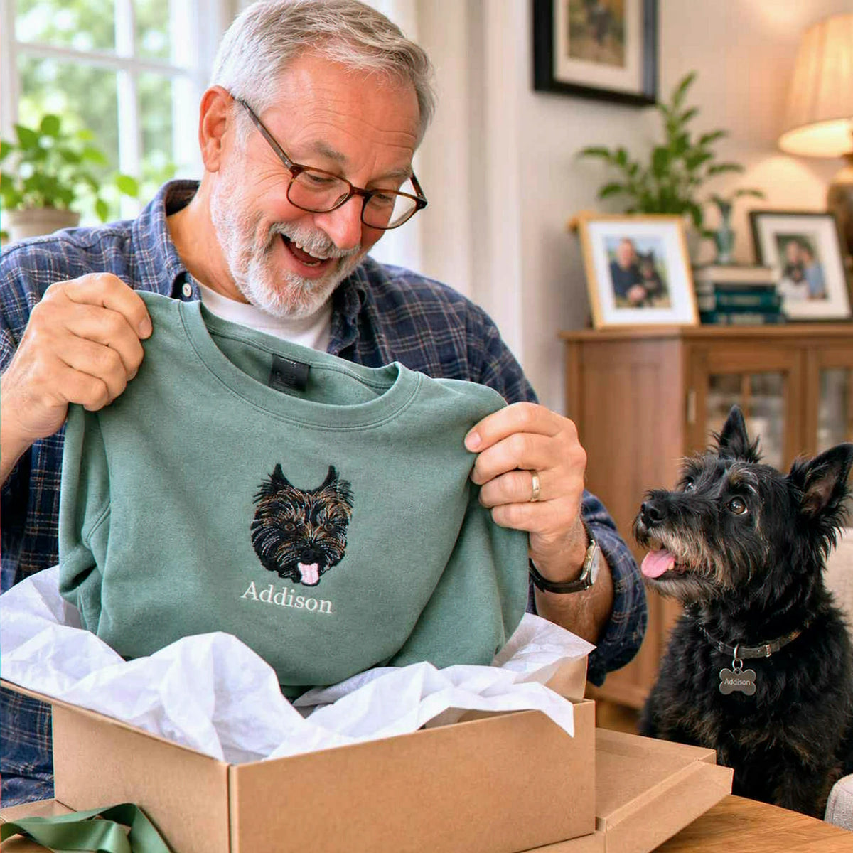 Custom Dog Portrait T-shirt for Birthday Grandpa - Embroidered Pet Photo Tee & Name - Gift for Him