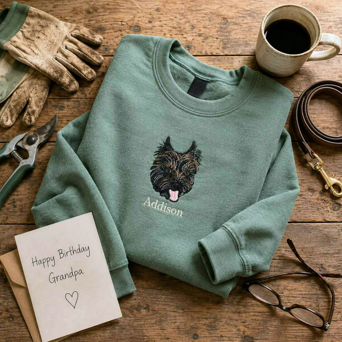 Custom Dog Portrait T-shirt for Birthday Grandpa - Embroidered Pet Photo Tee & Name - Gift for Him