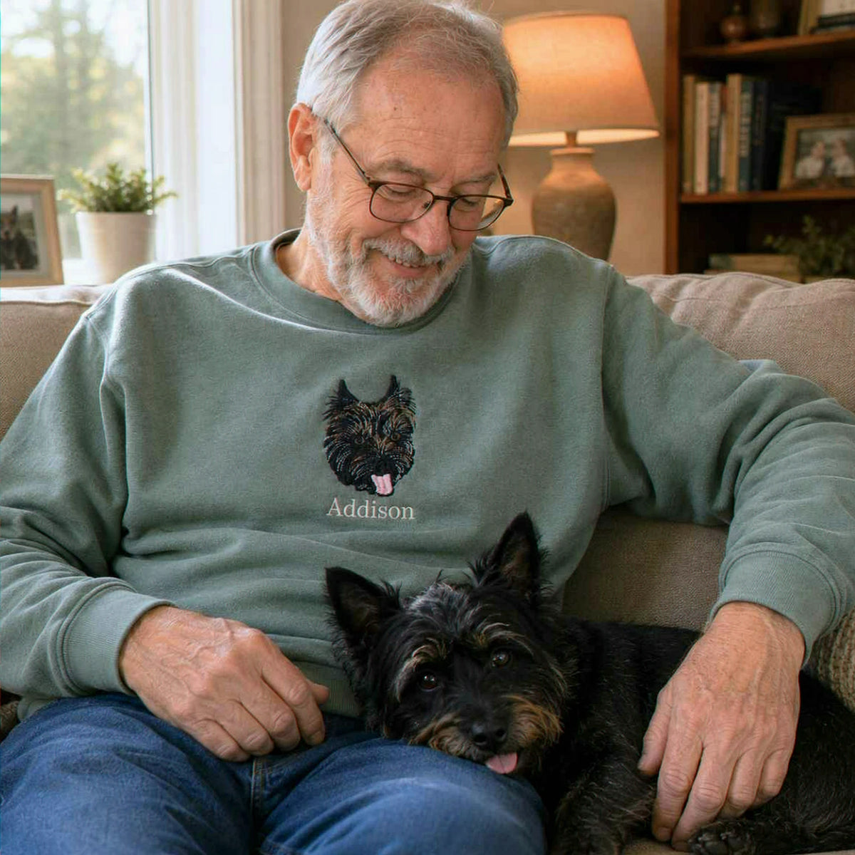 Custom Dog Portrait T-shirt for Birthday Grandpa - Embroidered Pet Photo Tee & Name - Gift for Him