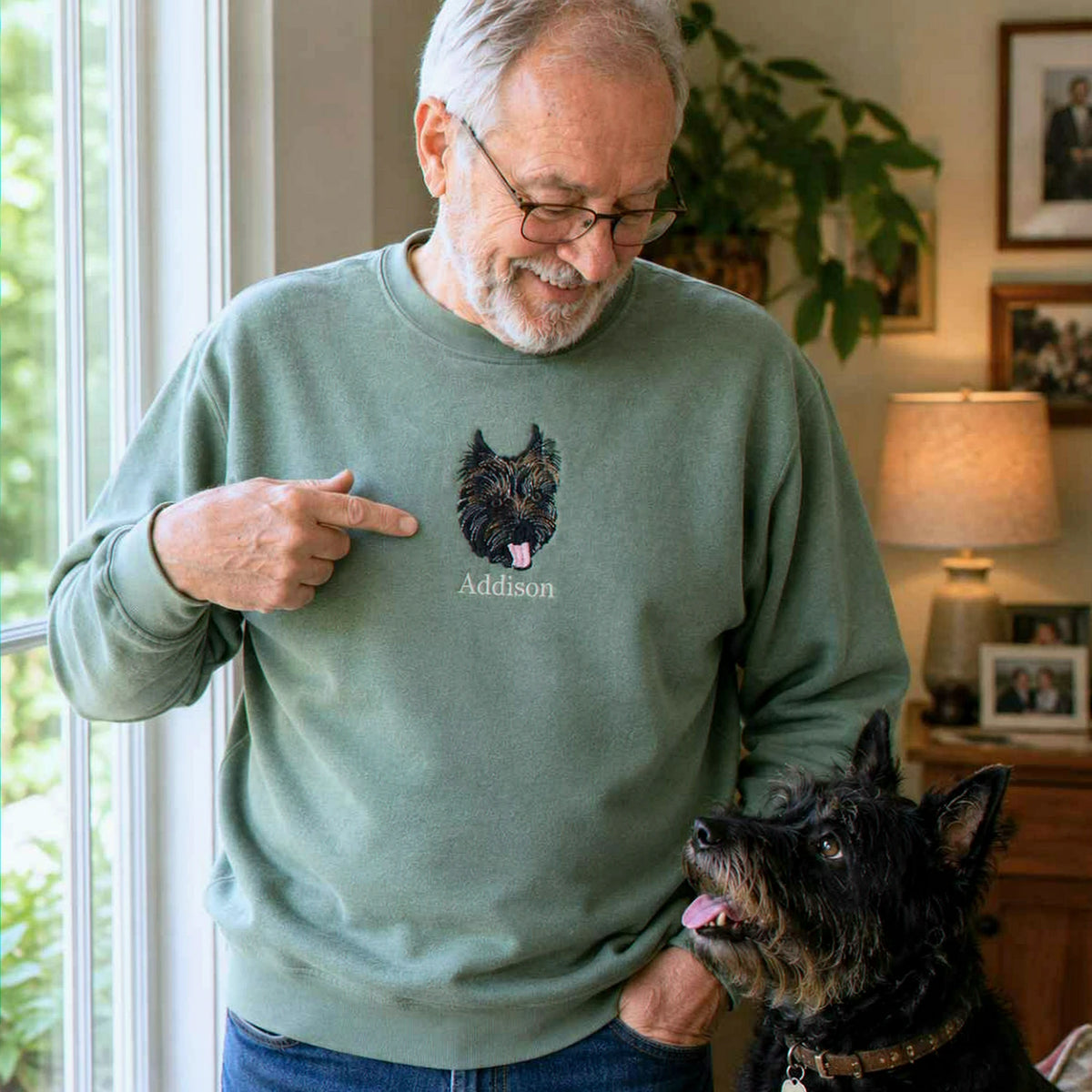 Custom Dog Portrait T-shirt for Birthday Grandpa - Embroidered Pet Photo Tee & Name - Gift for Him