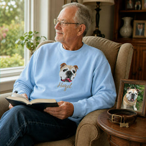 Custom Dog Memorial Sweatshirt for Grandpa - Embroidered Pet Photo Portrait Crewneck & Name - Dog Loss Sympathy Gift for Him