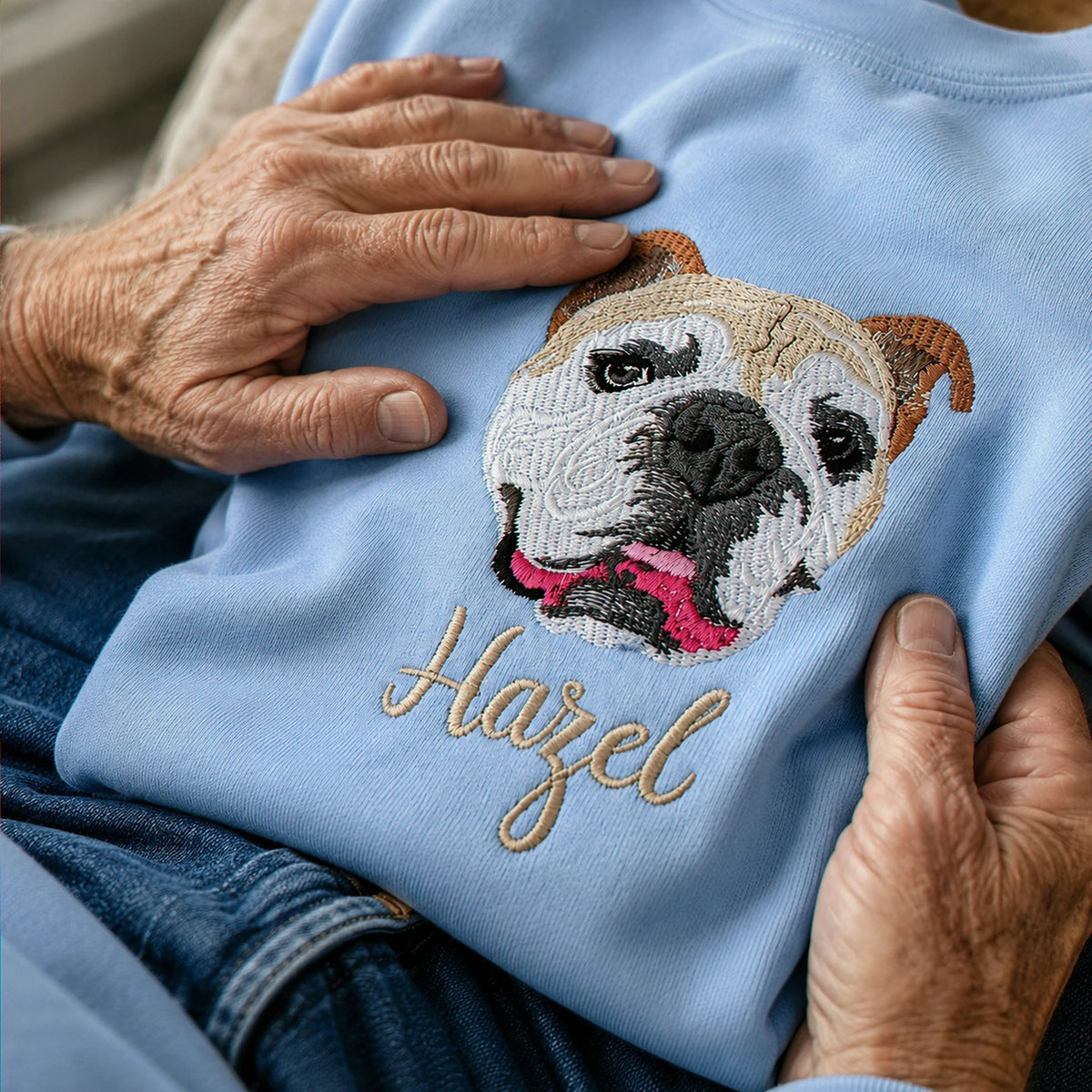 Custom Dog Memorial Sweatshirt for Grandpa - Embroidered Pet Photo Portrait Crewneck & Name - Dog Loss Sympathy Gift for Him