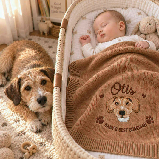 Custom Guardian Dog Baby Blanket, Embroidered Pet Photo Throw, Dog Sibling Baby Shower Gift