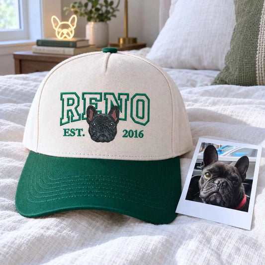 Custom dog embroidered cap in cream and green featuring a portrait of a French Bulldog named Reno est. 2016 next to its photo, gift for dog mom