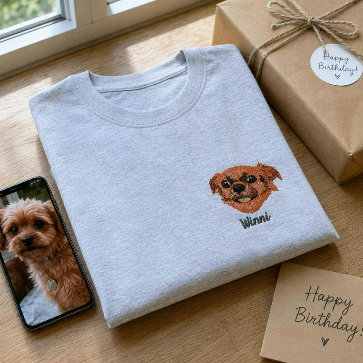 Custom Dog Portrait T-shirt for Birthday Husband - Embroidered Pet Photo Tee & Name - Gift for Him