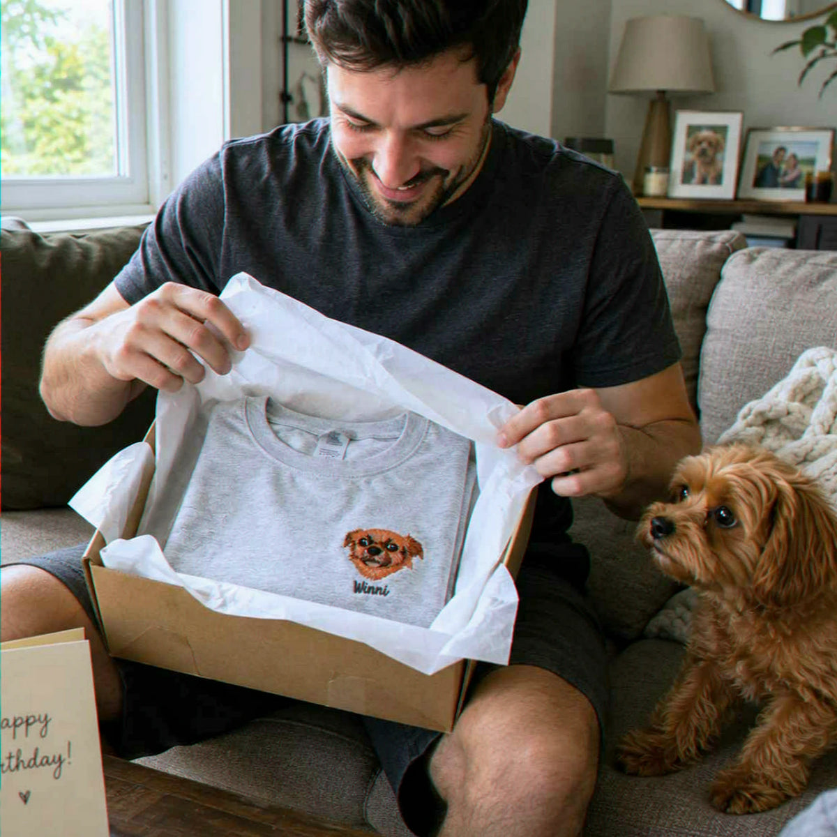 Custom Dog Portrait T-shirt for Birthday Husband - Embroidered Pet Photo Tee & Name - Gift for Him
