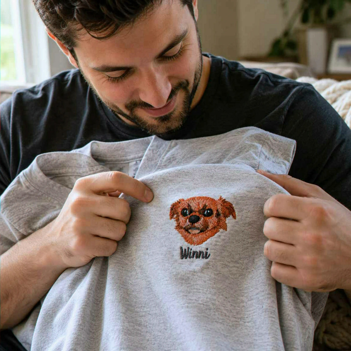 Custom Dog Portrait T-shirt for Birthday Husband - Embroidered Pet Photo Tee & Name - Gift for Him
