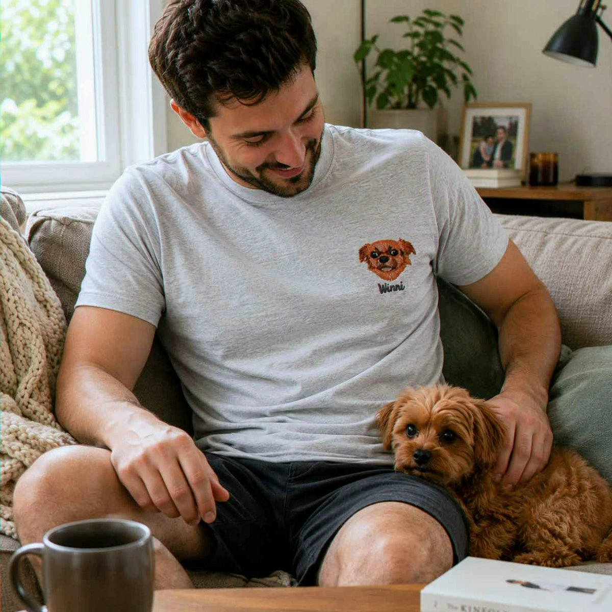 Custom Dog Portrait T-shirt for Birthday Husband - Embroidered Pet Photo Tee & Name - Gift for Him