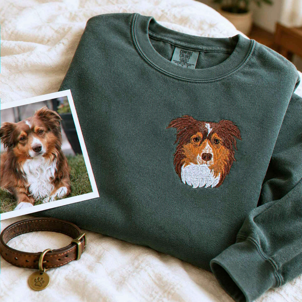 Custom Dog Memorial Sweatshirt for Husband - Embroidered Pet Photo Portrait Crewneck & Name - Dog Loss Sympathy Gift for Him
