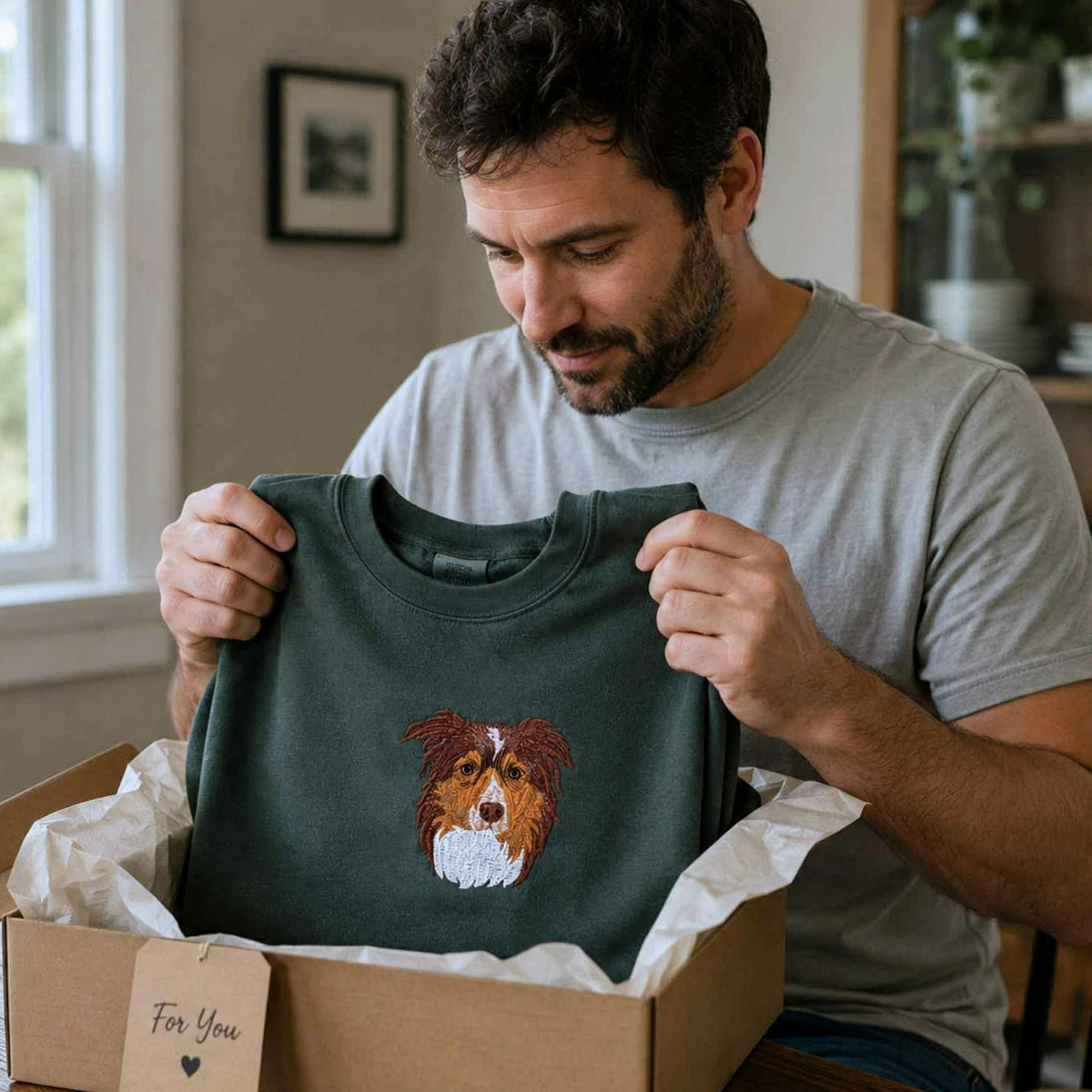 Custom Dog Memorial Sweatshirt for Husband - Embroidered Pet Photo Portrait Crewneck & Name - Dog Loss Sympathy Gift for Him