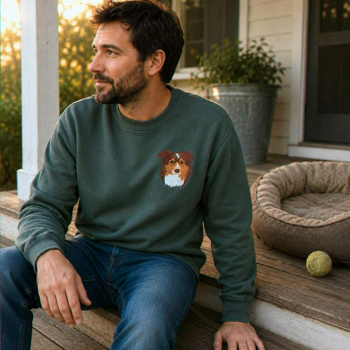 Custom Dog Memorial Sweatshirt for Husband - Embroidered Pet Photo Portrait Crewneck & Name - Dog Loss Sympathy Gift for Him