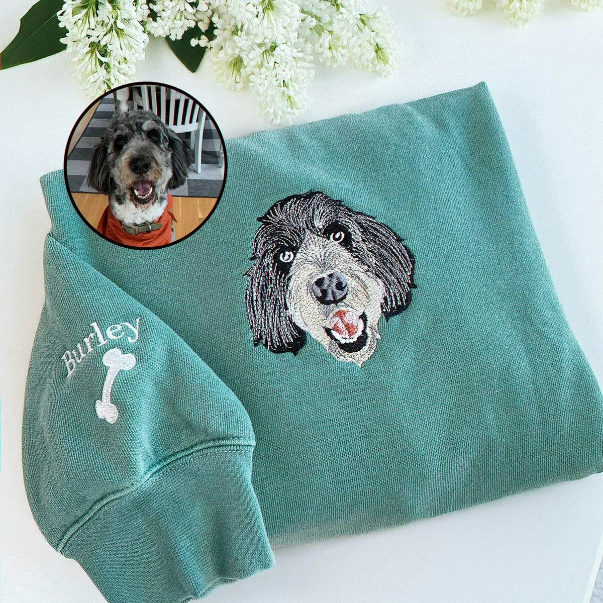 Custom Dog Memorial Sweatshirt for Husband - Embroidered Pet Photo Portrait Crewneck & Name - Dog Loss Sympathy Gift for Him