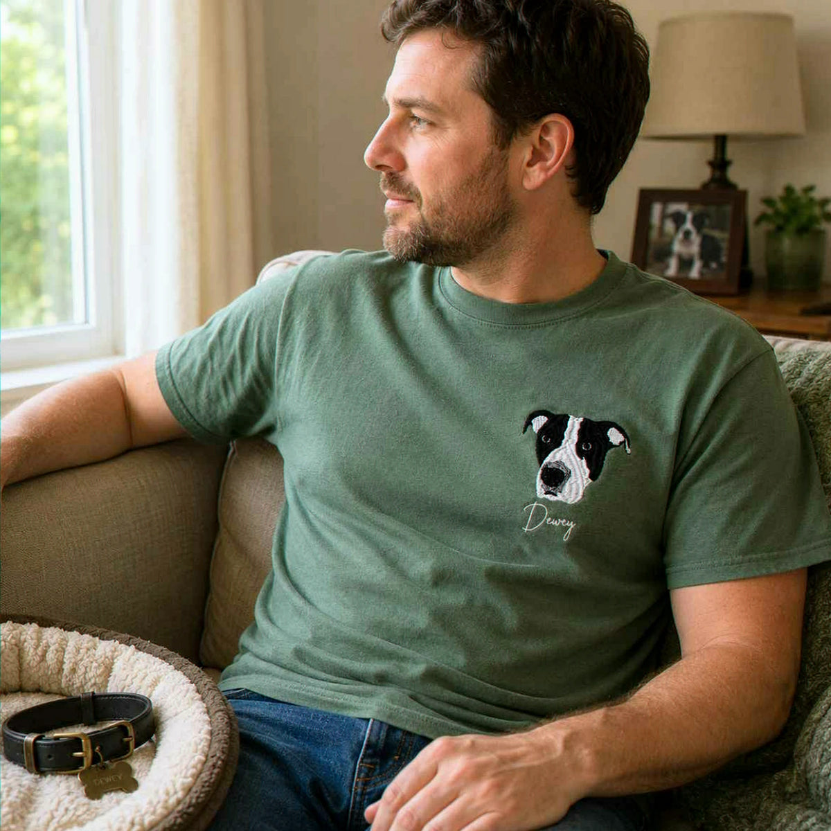 Custom Dog Memorial T-Shirt for Husband - Embroidered Pet Photo Portrait Tee & Name - Dog Loss Sympathy Gift for Him