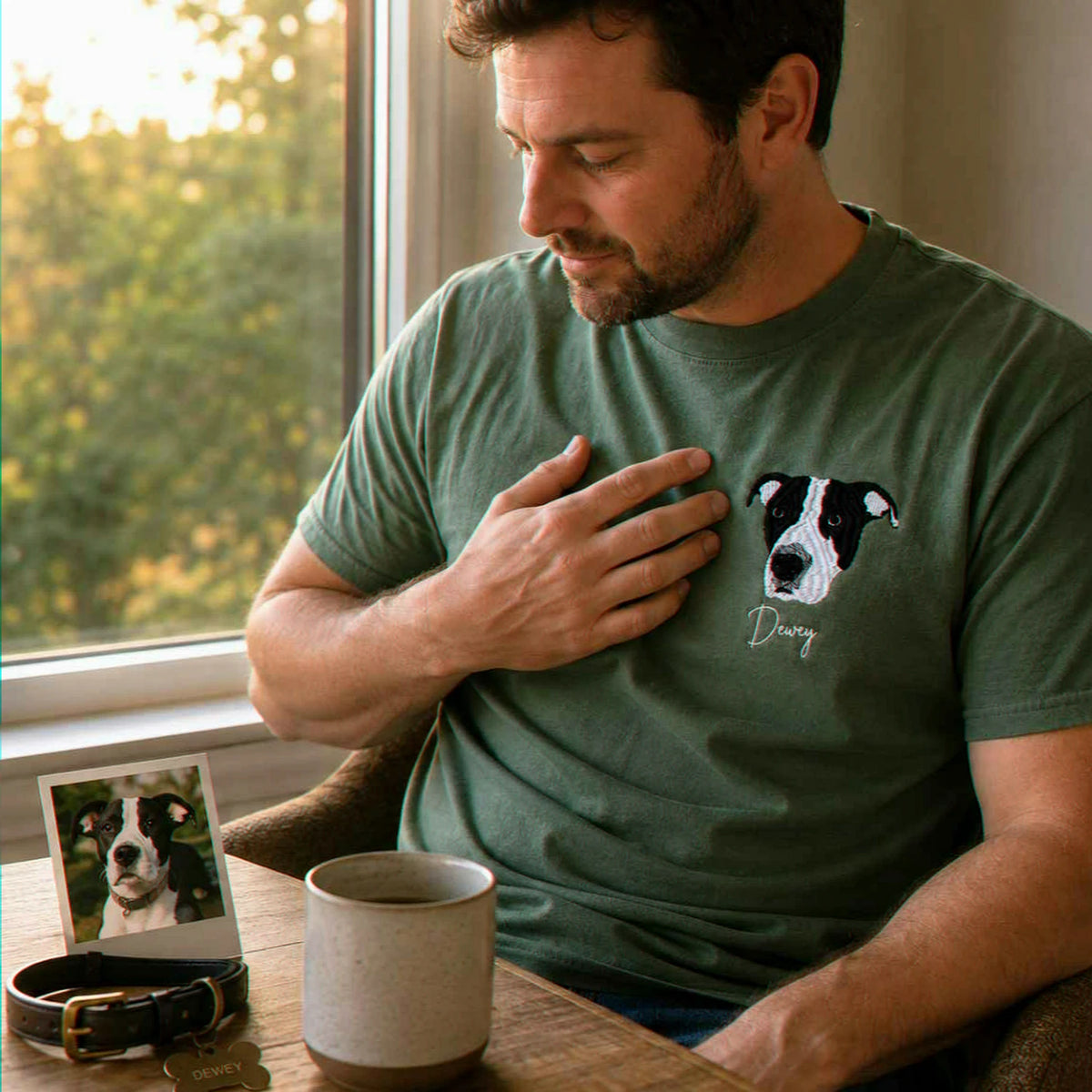 Custom Dog Memorial T-Shirt for Husband - Embroidered Pet Photo Portrait Tee & Name - Dog Loss Sympathy Gift for Him