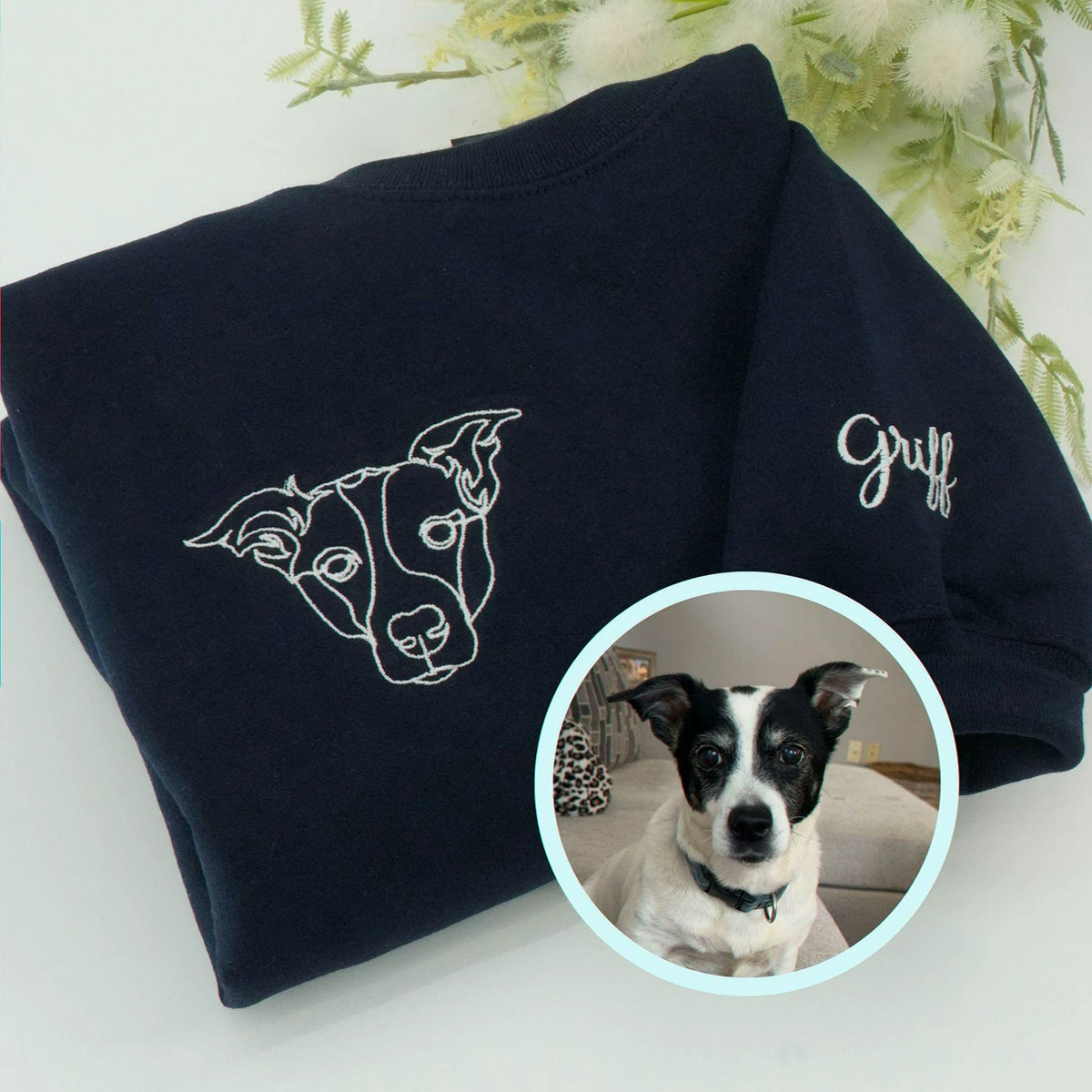 Custom Dog Memorial Sweatshirt for Husband - Embroidered Pet Photo Outline Crewneck & Name - Dog Loss Sympathy Gift for Him