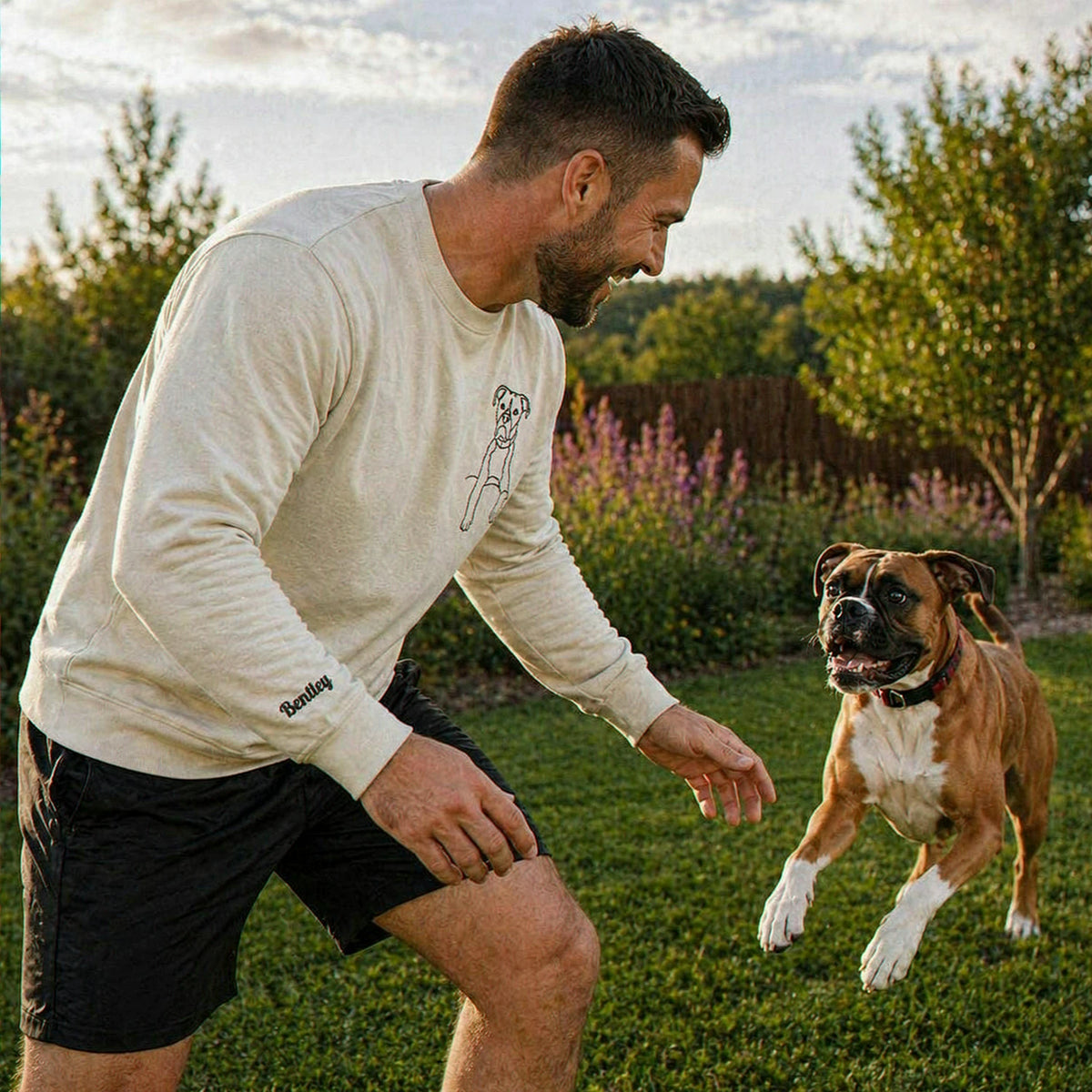Custom New Dog Outline Sweatshirt for Husband - Embroidered Pet Photo Crewneck & Name - First Time Dog Dad Gift for Him