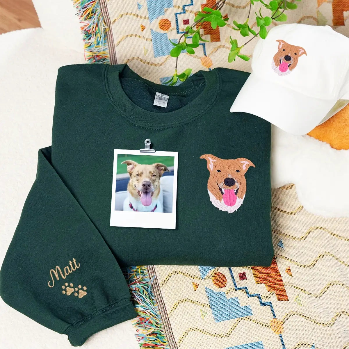 Embroidered dog lover sweatshirt and matching hat gift set for pet owners