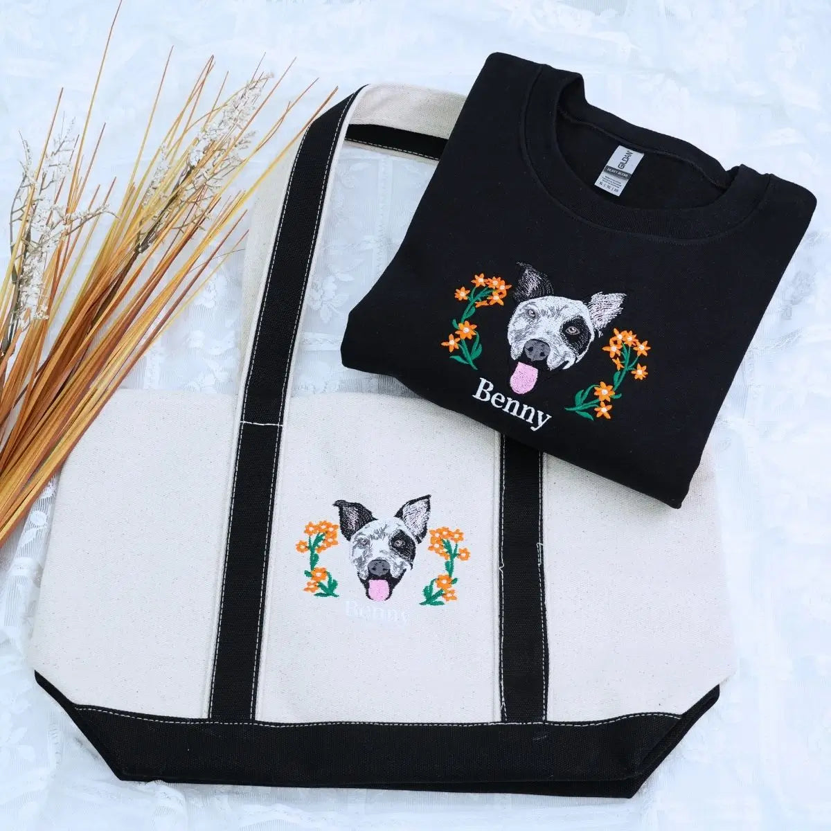 Dog lover combo gift with embroidered sweatshirt and matching tote bag – perfect cozy gift set for dog moms and pet owners.