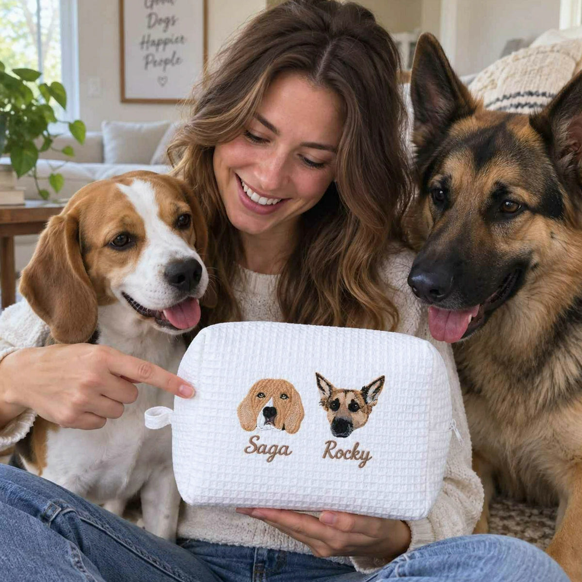 Custom Pet Photo Waffle Cosmetic Bag, Embroidered Dog Portrait Travel Bag for Makeup, Dog Toiletry Bag