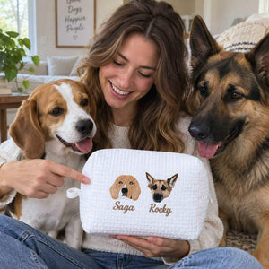 Custom Pet Photo Waffle Cosmetic Bag, Embroidered Dog Portrait Travel Bag for Makeup, Dog Toiletry Bag