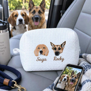 Custom Pet Photo Waffle Cosmetic Bag, Embroidered Dog Portrait Travel Bag for Makeup, Dog Toiletry Bag
