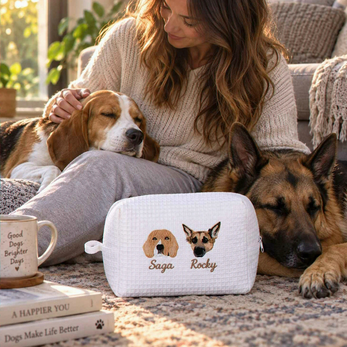 Custom Pet Photo Waffle Cosmetic Bag, Embroidered Dog Portrait Travel Bag for Makeup, Dog Toiletry Bag