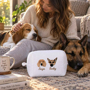 Custom Pet Photo Waffle Cosmetic Bag, Embroidered Dog Portrait Travel Bag for Makeup, Dog Toiletry Bag