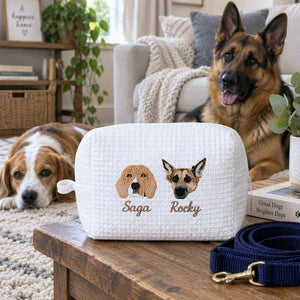 Custom Pet Photo Waffle Cosmetic Bag, Embroidered Dog Portrait Travel Bag for Makeup, Dog Toiletry Bag