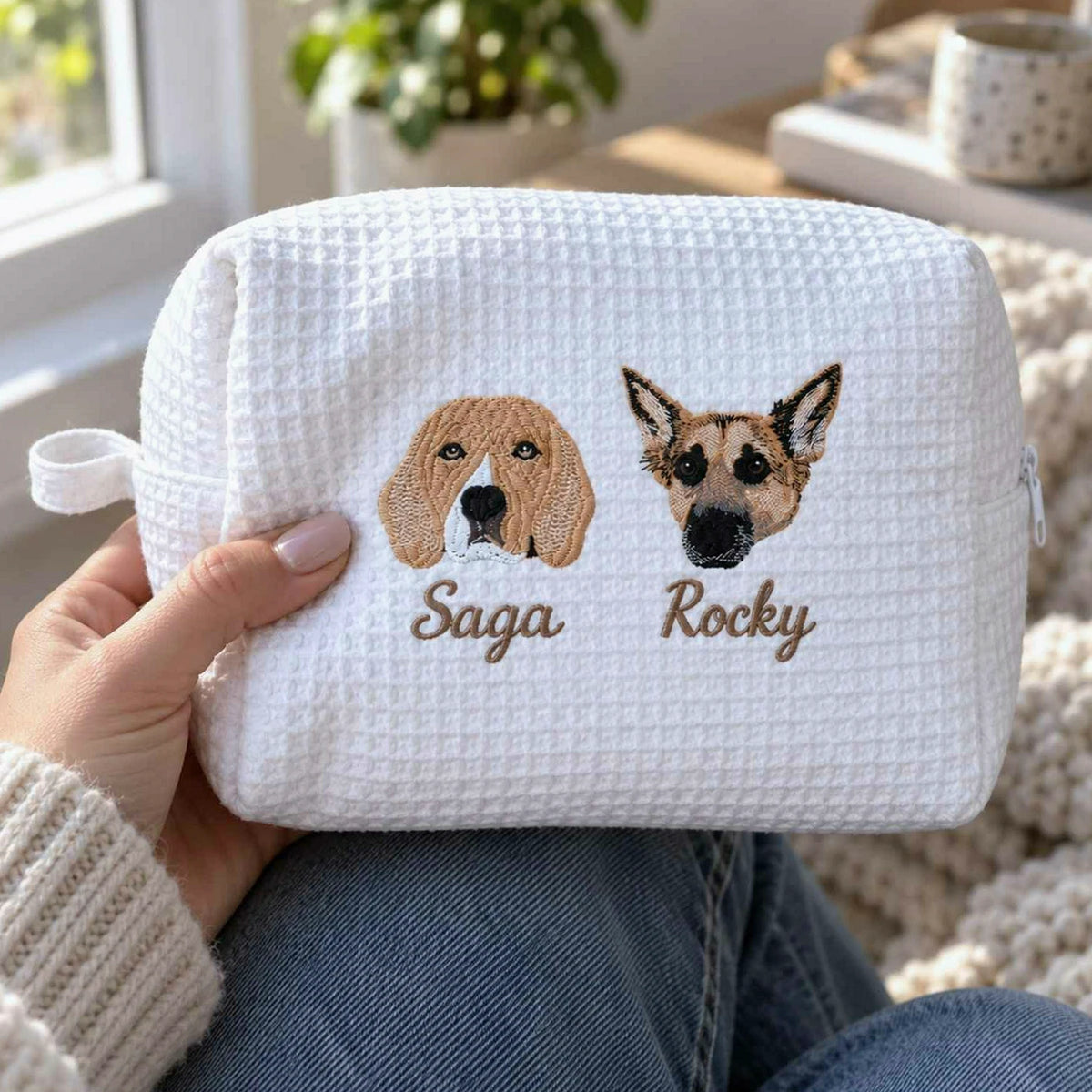Custom Pet Photo Waffle Cosmetic Bag, Embroidered Dog Portrait Travel Bag for Makeup, Dog Toiletry Bag