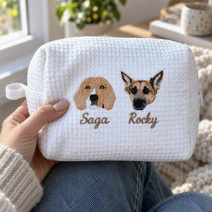 Custom Pet Photo Waffle Cosmetic Bag, Embroidered Dog Portrait Travel Bag for Makeup, Dog Toiletry Bag