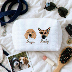 Custom Pet Photo Waffle Cosmetic Bag, Embroidered Dog Portrait Travel Bag for Makeup, Dog Toiletry Bag