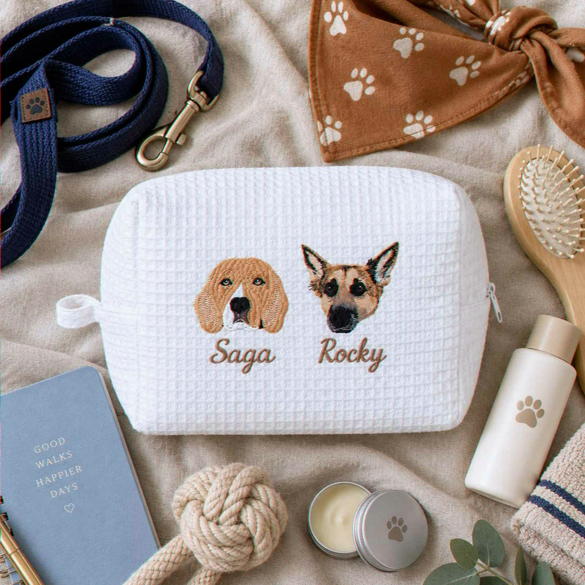 Custom Pet Photo Waffle Cosmetic Bag, Embroidered Dog Portrait Travel Bag for Makeup, Dog Toiletry Bag