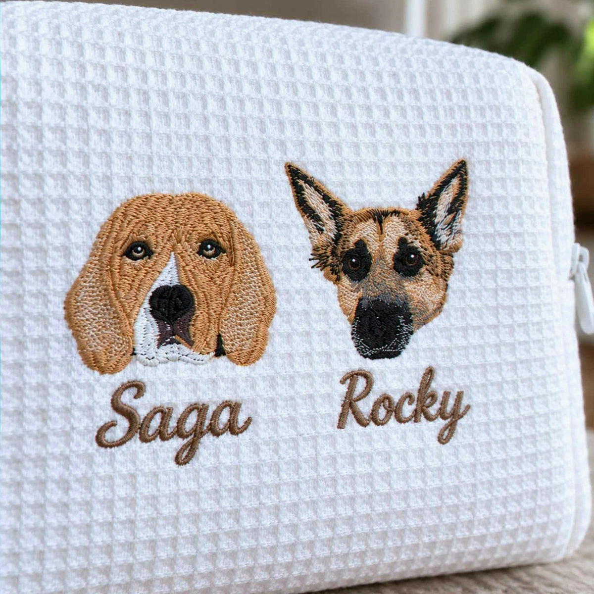 Custom Pet Photo Waffle Cosmetic Bag, Embroidered Dog Portrait Travel Bag for Makeup, Dog Toiletry Bag