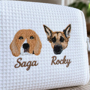 Custom Pet Photo Waffle Cosmetic Bag, Embroidered Dog Portrait Travel Bag for Makeup, Dog Toiletry Bag