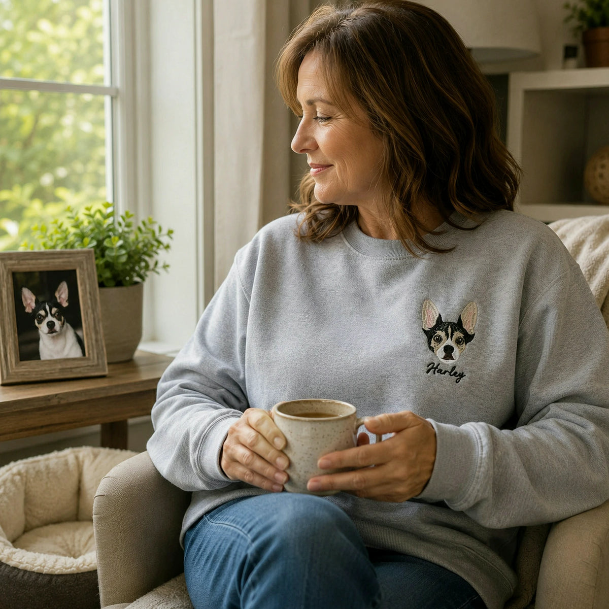 Custom Dog Memorial Sweatshirt for Mom - Embroidered Pet Photo Portrait Crewneck & Name - Dog Loss Sympathy Gift for Her