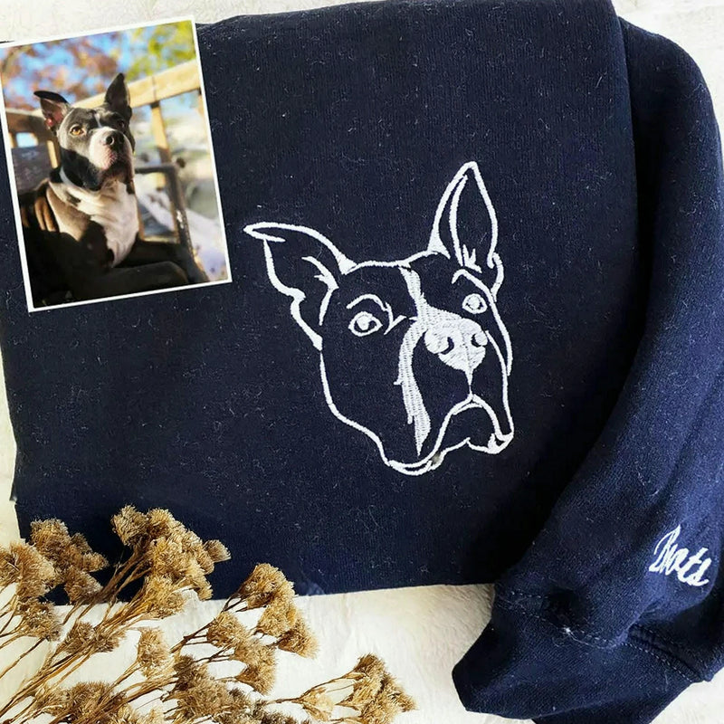 Custom Dog Memorial Sweatshirt for Grandpa - Embroidered Pet Photo Outline Crewneck & Name - Dog Loss Sympathy Gift for Him