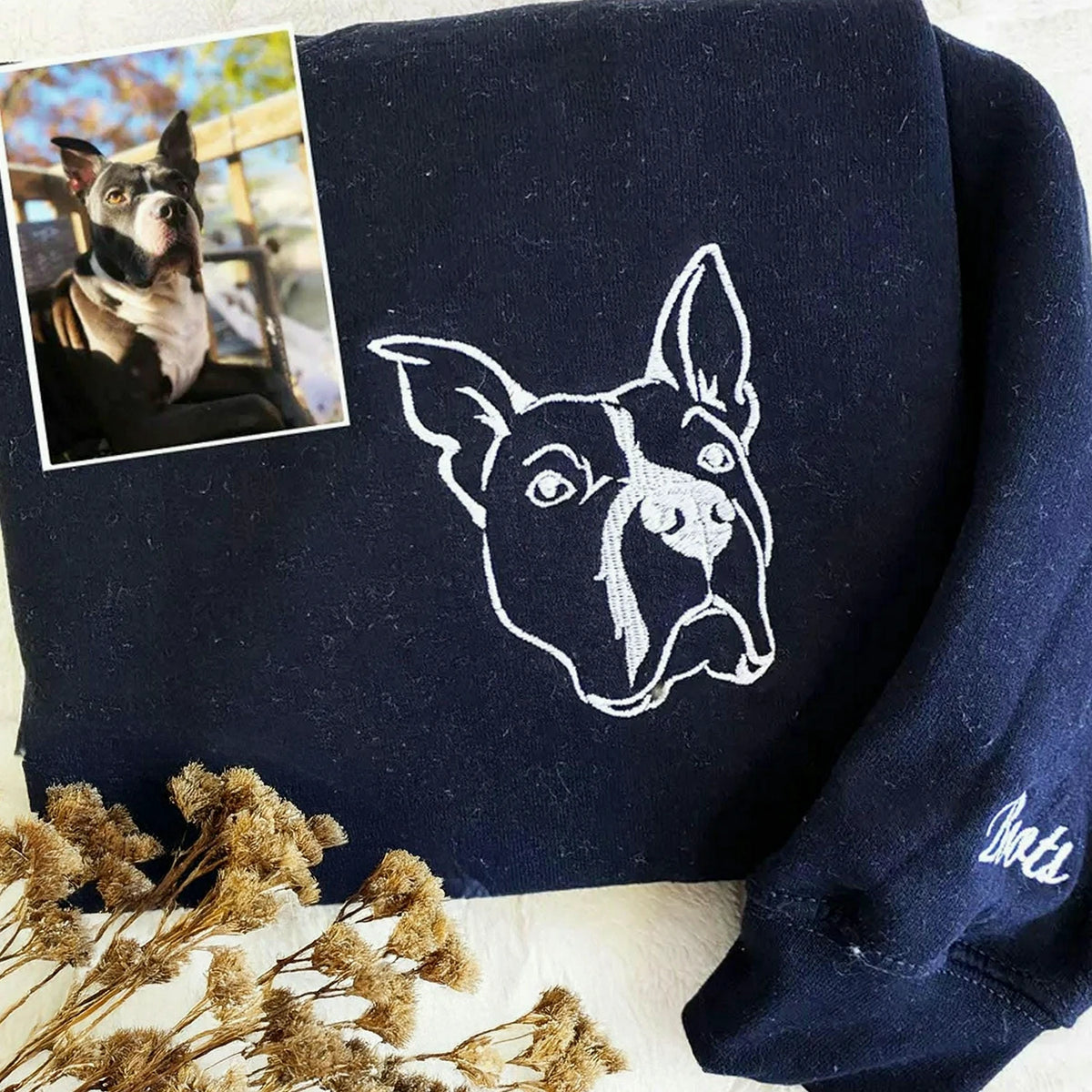 Custom Dog Memorial Sweatshirt for Grandpa - Embroidered Pet Photo Outline Crewneck & Name - Dog Loss Sympathy Gift for Him