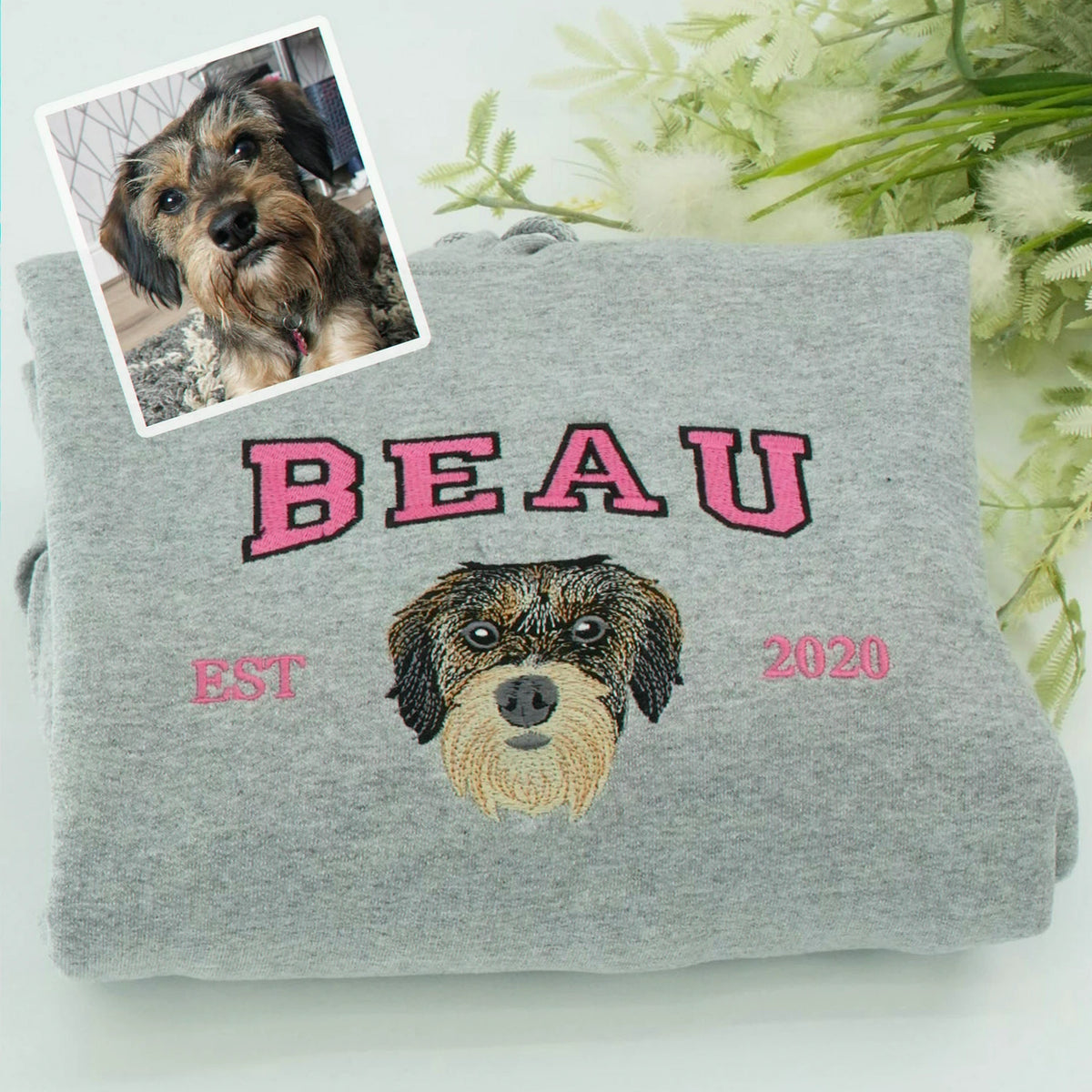 Custom Pet Memorial T-Shirt for Dog Dad, Embroidered Dog Face Portrait Photo Varsity Name, Gift for Him