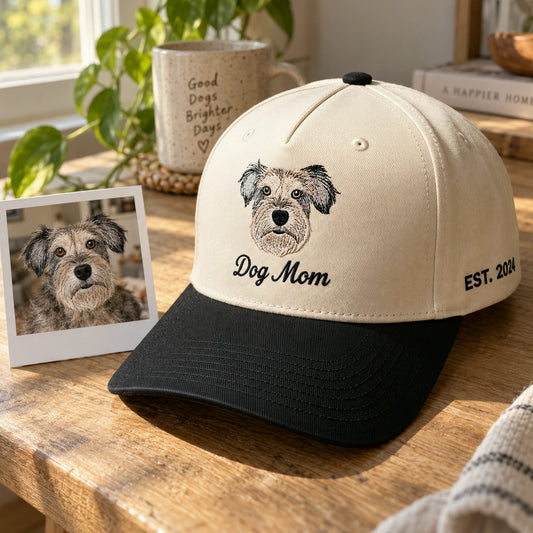 Custom Dog Mom Portrait Snapback Hat, Embroidered Dog Mama Photo Gift, Personalized Side Back Cap