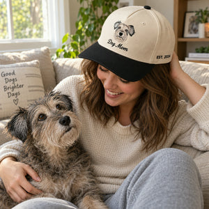 Custom Dog Mom Portrait Snapback Hat, Embroidered Dog Mama Photo Gift, Personalized Side Back Cap
