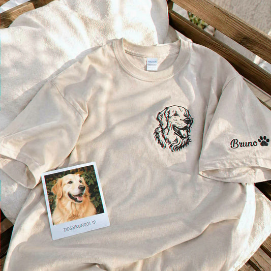 Custom Dog Outline T-shirt for Birthday Mom - Minimalist Embroidered Pet Photo Tee & Name - Gift for Her