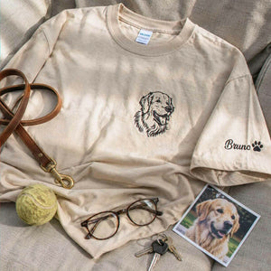 Custom Dog Outline T-shirt for Birthday Mom - Minimalist Embroidered Pet Photo Tee & Name - Gift for Her