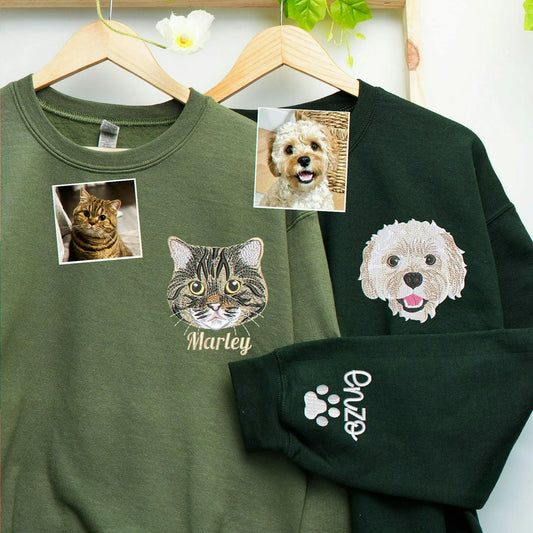 Forest Green Custom Dog Portrait from Photo Embroidered Sweatshirt, Gift for Dog Mom Birthday
