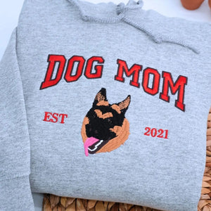 Custom embroidered dog mom sweatshirt with photo portrait and varsity text