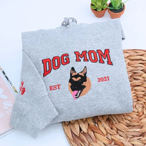 Custom embroidered dog mom sweatshirt with photo portrait and varsity text