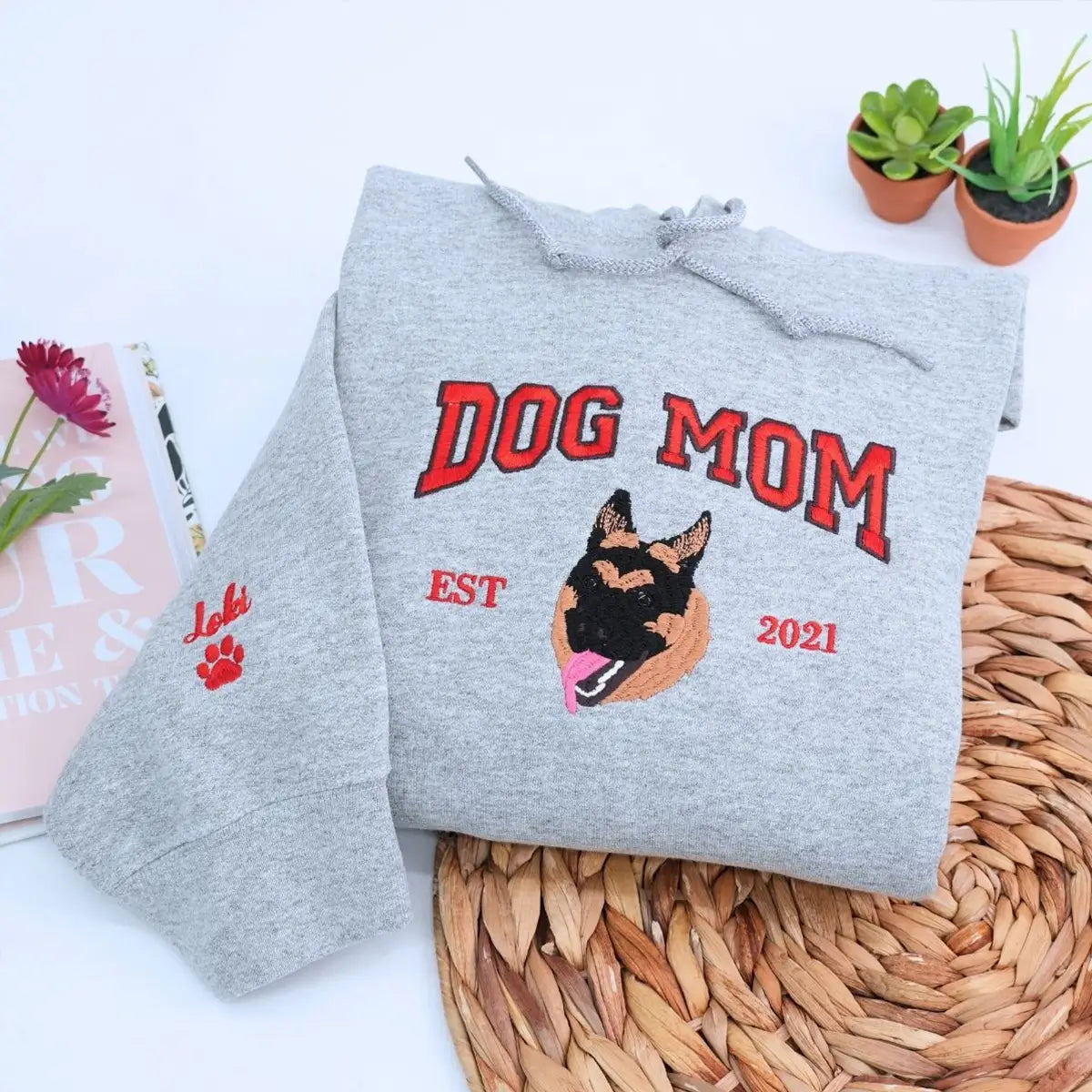 Custom embroidered dog mom sweatshirt with photo portrait and varsity text