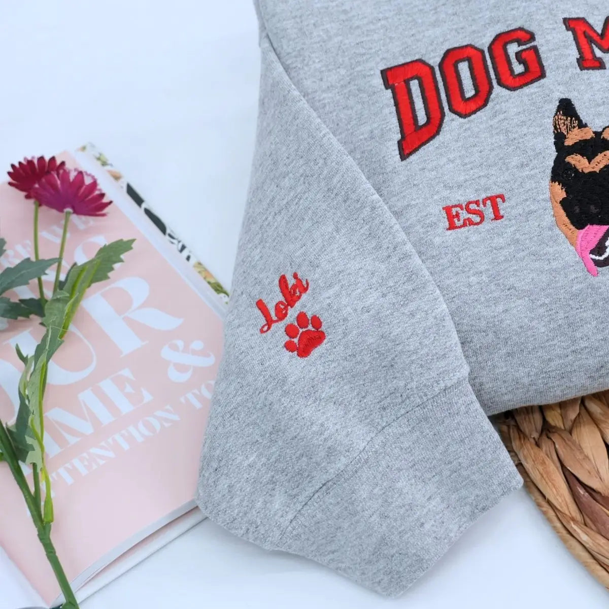 Custom embroidered dog mom sweatshirt with photo portrait and varsity text