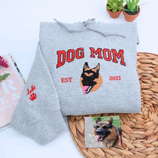Custom embroidered dog mom sweatshirt with photo portrait and varsity text
