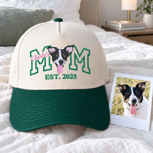 Custom embroidered dog mom baseball cap with personalized dog portrait photo